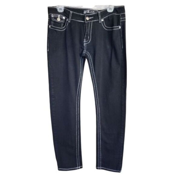 U-51 Juniors Low Rise Jeans 9/10 Black Chic Stretchy Thick Stitching Hip Hop - Picture 1 of 8